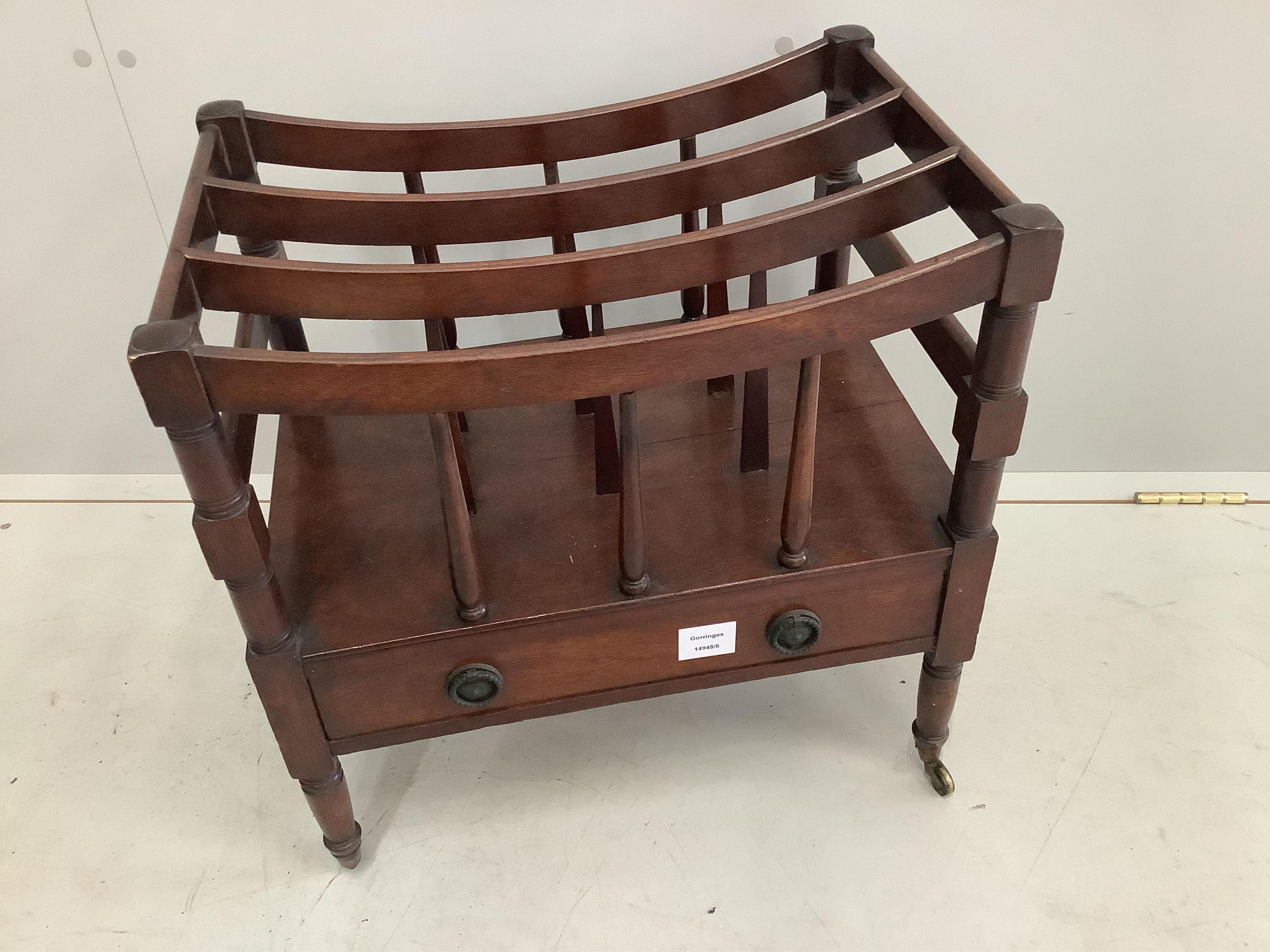 A Regency mahogany three division Canterbury, width 39cm, depth 34cm, height 60cm. Condition - fair